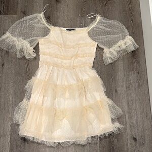White Birch Cream Tiered Ruffled Sundress with Puff Sleeves.